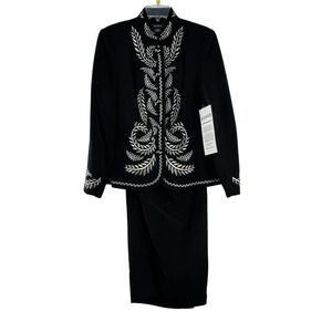Ashro Skirt Suit Black Embroidered Size 12 Midi Length Church Evening Cocktail
